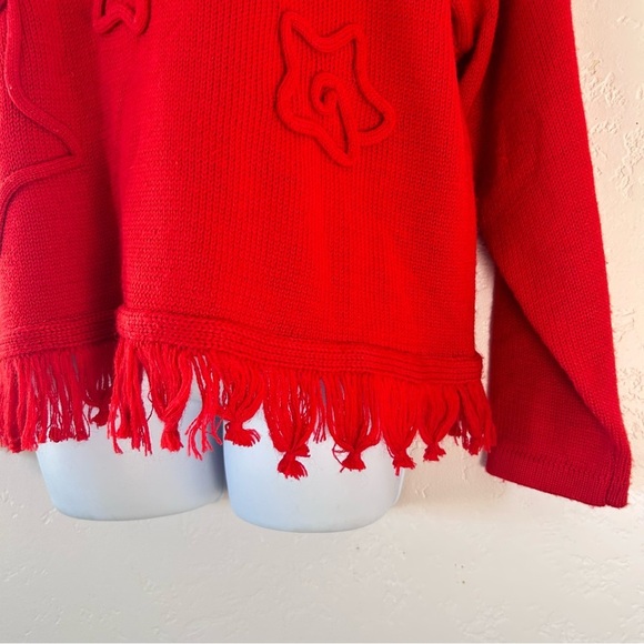 L’EAU VIVE  80s Red 3D Knit Stars Fringe Hem Sweater Size M - Picture 7 of 10